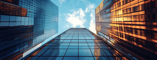 wide panoramic cover background view from below image of high rise business office buildings in a modern city with blue sky and clouds through glass building facades 