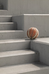 Wall Mural - Old basketball ball on cement floor with Stairs leading and Natural light. use it as your Wallpaper, Poster and Copy space, Selective focus.