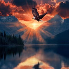 Sticker - Majestic eagle soaring over tranquil waters at sunset. The vibrant hues of orange and red blend with the silhouettes of mountains. A breathtaking view of nature captured beautifully. AI