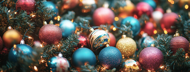 Wide panoramic Xmas décor background banner,different color Christmas balls hanging on a Christmas tree 