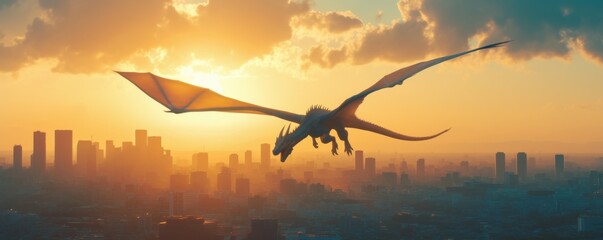 Fierce dragon soaring through the skyline at dusk, 4K hyperrealistic photo