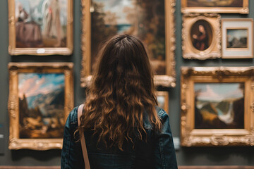 a young woman tourist with a backpack is looking at paintings in the art museum gallery in paris, fr