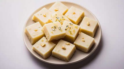 Barfi plate isolated on white background, traditional indian sweet made up of condense milk