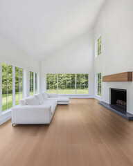 Modern living room with large windows overlooking a green garden on a sunny day