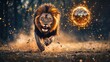 © Thanos - Cinematic Lion Chasing Exploding Fireball in Motion Blur. High-Resolution Detailed Photo with Golden Hour Lighting