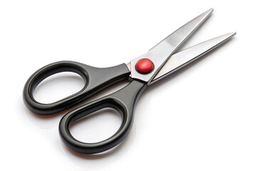 Small, versatile stainless steel scissors with ergonomic black handles lie isolated on a clean white background, ready for use in various tasks and projects.