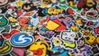 © Thanos - Vibrant Pile of Colorful Stickers with Cartoon Characters, Symbols, and Logos