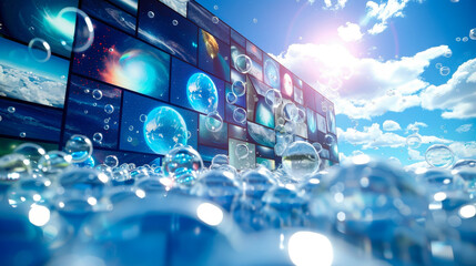 Poster - Abstract Digital Art Featuring Video Screens Displaying Nature and Space Themes with Floating Bubbles in a Bright Sunny Day Setting
