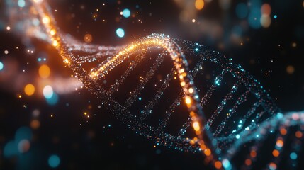 Poster - A digital representation of a DNA double helix with glowing particles.