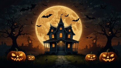 Wall Mural - Whimsical haunted house with pumpkins and bats under a spooky moonlit sky, ideal for Halloween.