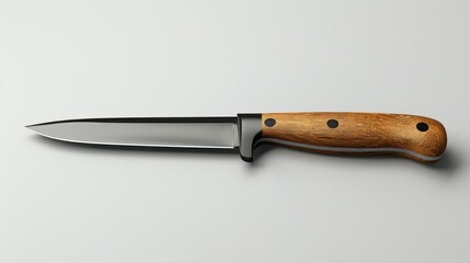 Closeup shot of a sleek and functional kitchen knife with a wooden handle showcasing its sharp metal blade and minimalist design