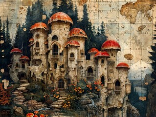 Sticker - Fantasy Mushroom Castle - Surreal Architecture Illustration