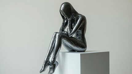 Poster - Abstract silver statue of a human sitting on a block against a white background.