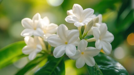 Wall Mural - White Jasmine Flowers in Focus with Green Blurry Background