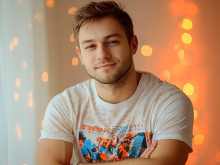 Wall Mural - Young Man in Graphic Shirt Posing with Warm Background