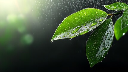 Wall Mural - a close-up of raindrops clinging to bright green leaves after a heavy storm, with sunlight breaking 