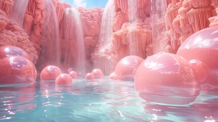 Wall Mural - Dreamy Pink Waterfall Landscape with Glowing Spheres