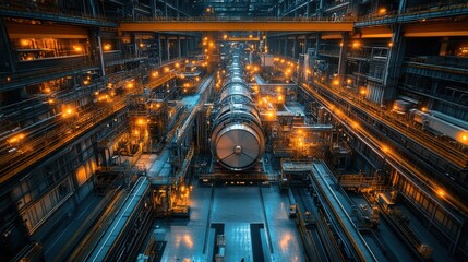 Wall Mural - Futuristic Industrial Factory with Glowing Machinery and Orange Hues