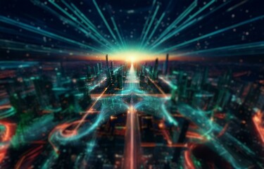 Canvas Print - Abstract city skyline with glowing lines and particles converging towards a bright light.