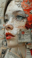 Wall Mural - Collage Portrait: A Woman's Face Composed of Vintage Paper and Music Notes