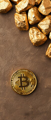 Bitcoin coin on textured surface with golden nuggets, concept of digital currency.