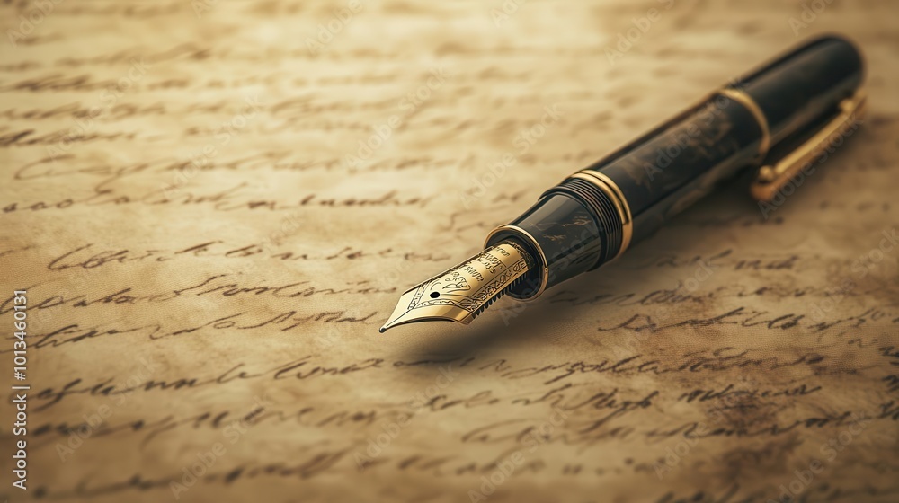 vintage fountain pen resting on aged parchment with elegant cursive ...