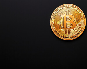 Bitcoin coin with golden shine on a dark background.