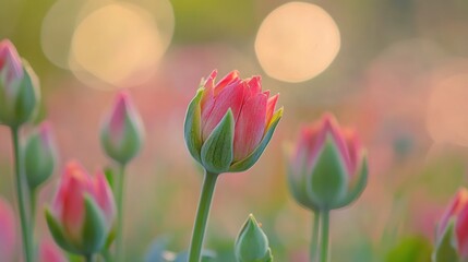 Canvas Print - Pink Tulip Bud in a Field of Blurred Buds