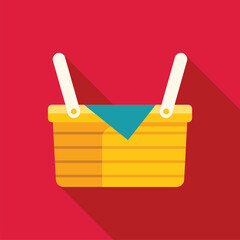 Poster - yellow wicker picnic basket with blue blanket, long shadow design, isolated on a red background
