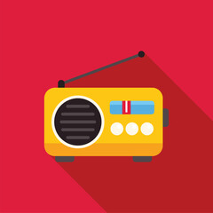 Poster - yellow radio receiver with antenna extended, tuning dial and volume controls, broadcasting on airwav