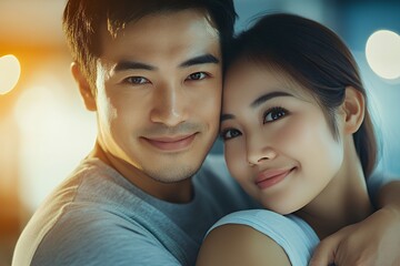 Close up portrait of young couple smiling and hugging.