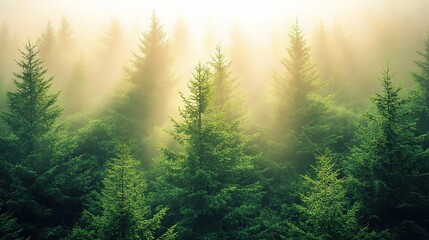 Wall Mural - Misty Forest with Sunlight Breaking Through Trees