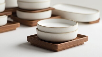 Canvas Print - Stack of White Bowls on Wooden Tray