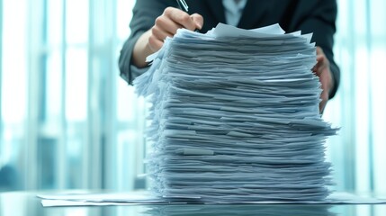 Poster - A person signing documents on a large stack of paperwork in a modern office setting.