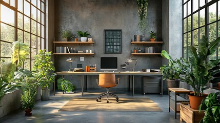 Canvas Print - Modern home office with large windows, plants, desk, chair, and shelves.