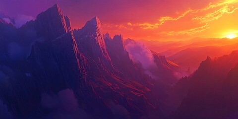 Purple and orange mountain landscape at sunset.