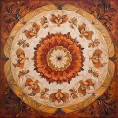 Wall Mural - A vibrant floral mandala artwork featuring warm orange and earthy tones, perfect for home decor and artistic inspiration.
