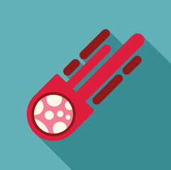 Poster - Pink asteroid with white craters leaving fire trail while flying through space with long shadow on turquoise background
