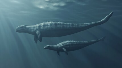 Wall Mural - Two Plesiosaurs Swimming Through Sunlit Waters