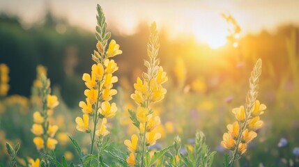 Poster - Yellow Flowers in a Sunlit Meadow