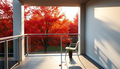 Wall Mural - A minimalist balcony with sleek, modern railings, overlooking a garden filled with vibrant red and orange autumn leaves.