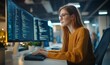 © Rajiv - Young Caucasian Woman Programming On Desktop Computer With Two Monitors Setup in Spacious Office. Female Software Developer Creating SaaS Platform For