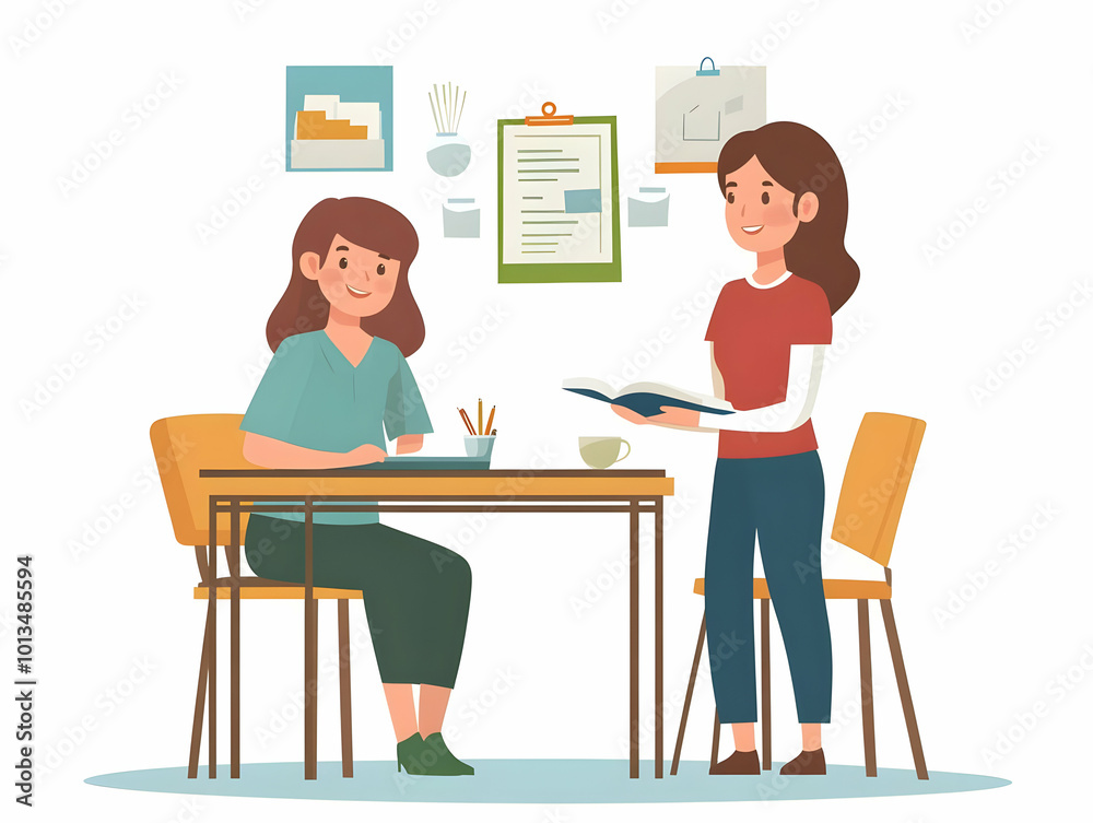 Flat Candid Illustration of Teacher Assisting Student with Homework ...