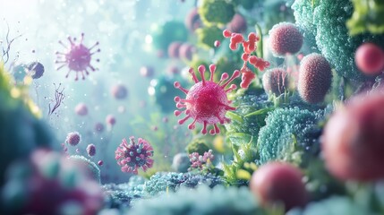 Wall Mural - A Vibrant, Detailed 3D Illustration of Nutrient Absorption, Depicting a Microscopic World with Vividly Colored Cells, Microbes, and Cellular Structures in a Dynamic, Artistic Rendering.