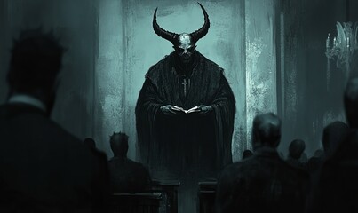 Wall Mural - Horned demon preaches to dark congregation.