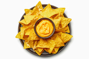 Nachos chips on a plate with cheese sauce in the middle isolated on white background, top view