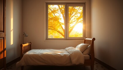 Wall Mural - A small bedroom with a rustic wooden bed frame and clean white linens, with the soft golden light of an autumn sunset streaming in through the window.