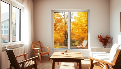 Wall Mural - A living room bathed in natural sunlight pouring in from a large window, highlighting the deep gold and orange tones of the trees outside. 