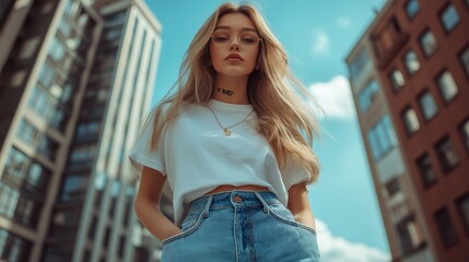 Sticker - Young woman in white t-shirt and jeans, standing in front of tall buildings, with blue sky in the background.