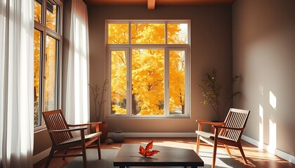 Wall Mural - A living room bathed in natural sunlight pouring in from a large window, highlighting the deep gold and orange tones of the trees outside. 